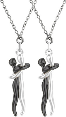 Alviira Pack Of 2 Black Love Couple Hug Me Necklace Locket Pendant With Clavicle Chain Black Silver Stainless Steel
