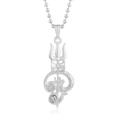 morir Silver Plated Trishul with Tamil OM (AUM) CZ Studded Locket Pendant Silver Cubic Zirconia Brass Pendant