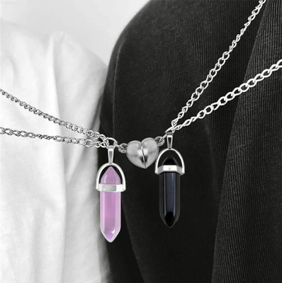 Murliwala Broken Heart Magnetic Hexagonal Glass Crystal Point Couple Pencil Pendant Locket Silver Stainless Steel Locket Set