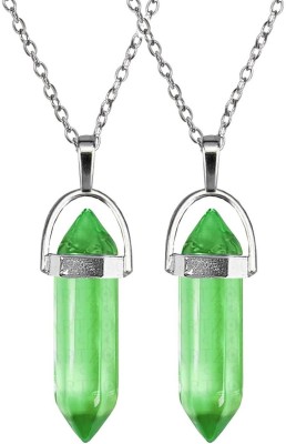 Murliwala 2 Pcs Green Glass Healing Crystal Hexagonal Point Pencil Locket Pendant Necklace Silver Stainless Steel Locket Set