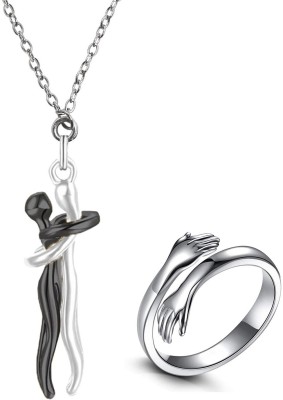 De-Ultimate X000029 Couple Hugging Hand Hug Me Thumb Finger Ring And Pendant Locket Necklace Stainless Steel Pendant Set