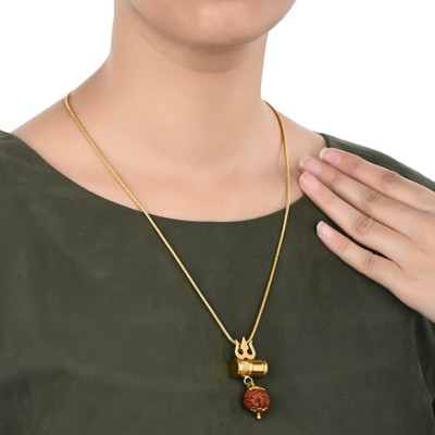 Beadworks Shiv Shakti Kavach Rudraksha Trishul Damru Locket with chain by Beadworks Gold-plated Brass Pendant