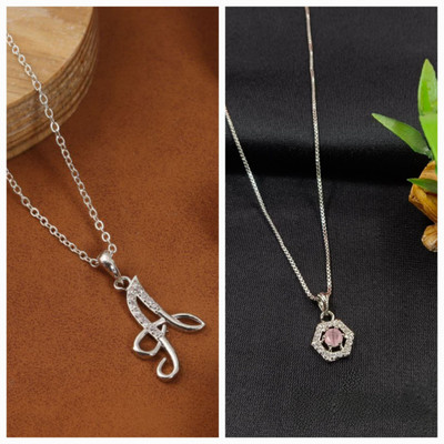 TRP Combo- 1st Sparkling Initial 'A' Pendant and 2nd Elegant Hexagon Pendant Silver Diamond Alloy Pendant Set