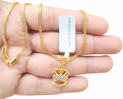 SAPNAPALACE CROWN DESIGNER GOLD PENDAN WITH GOLD CHAIN Gold-plated Brass Pendant Set