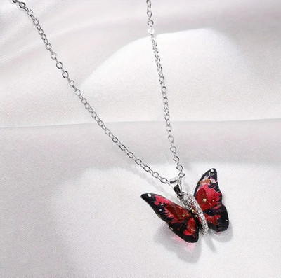Stylewell Red AD Nug Colorful Butterfly Wing Pendant Locket Necklace Stainless Steel Pendant Set