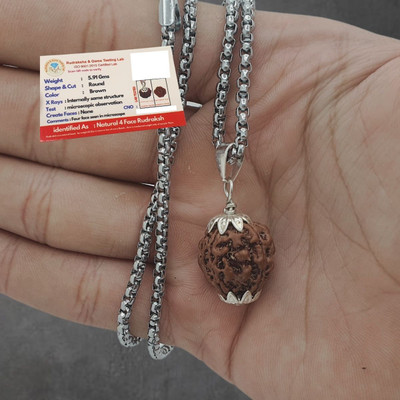 KitaboJi Jewellery 4 Mukhi Rudraksha Nepal Original Four Face Rudraksha Metal Capped Silver Beads Brass, Wood Pendant