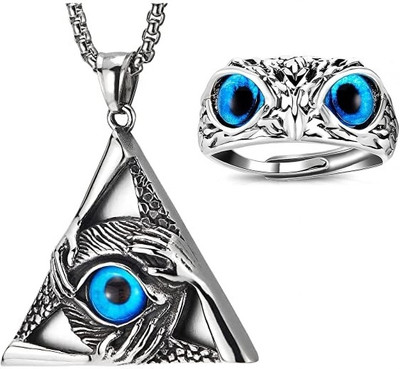 HOUSEOFTRENDZZ Retro Vintage Illuminati Pendant Locket Chain With Owl Eyes Ring Set Silver Turquoise Stainless Steel Pendant