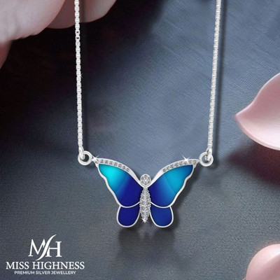 Miss Highness Pure 925 Silver Blue Butterfly Sparkle Pendant for Ladies Rhodium Cubic Zirconia Sterling Silver Pendant