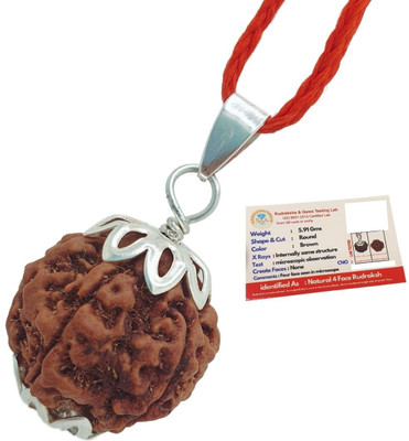 JangraBro 4 Mukhi Nepali Rudraksha Pendant Lab Certified Original with Lab Certification Silver Beads Brass, Wood Pendant Set