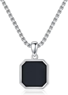 vs unique collections Black Geometric Square Natural Gem Stone Locket Pendant With Silver Box Chain Silver Stainless Steel Pendant Set