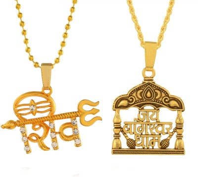 Morvi Gold Plated CZ Lord Shiv Trishul and Jai Bageshwar Dham Combo Pendant Locket Gold-plated Cubic Zirconia Brass Pendant