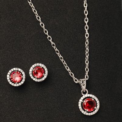 ZENEME Rhodium-Plated Royal Red Round Shape American Diamond Pendant Set With Earring Alloy Pendant Set