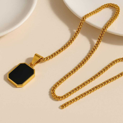 Pearl Handicraft Stylish Gold Pendant Necklace, Rectangular Dog Tag Design with Chain Gold-plated Alloy Locket