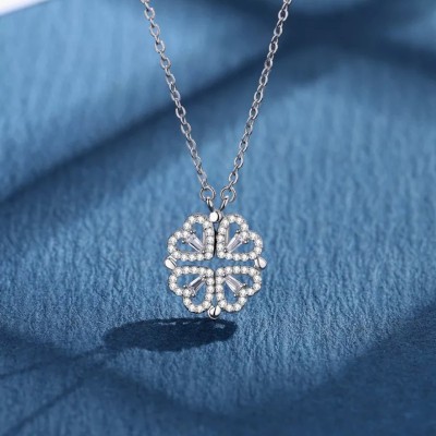 Vembley VEMBLEY 2-IN-1 MAGNETIC FOUR LEAF CLOVER NECKLACE-Silver Alloy Necklace