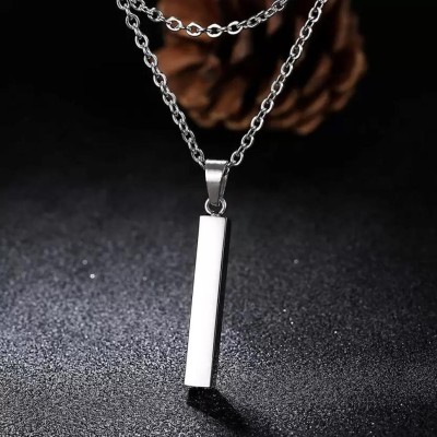 Alvira Stylish Silver 3D Vertical Bar Cuboid Stick Locket Pendant Necklace Silver, Rhodium Alloy, Stainless Steel Locket Set