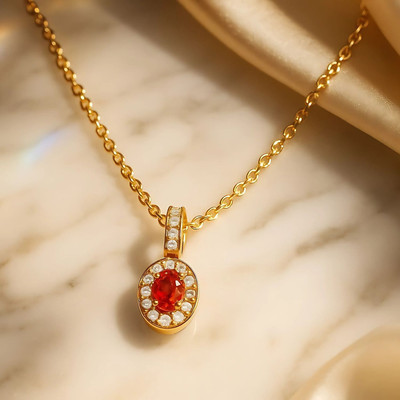 GEMSLAY Oval Red CZ Stone Pendant Necklace with Elegant Gold Halo Setting Gold-plated Cubic Zirconia Brass Pendant