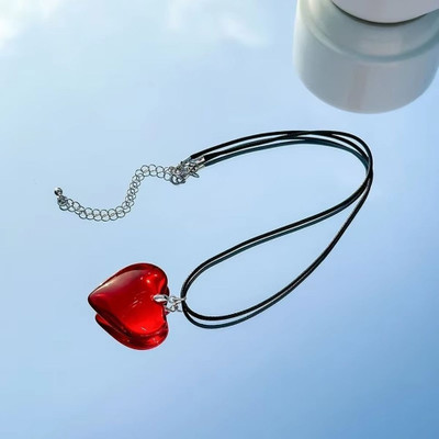 Riingzinee Red heart Statement Small Necklace Chunky Glass Pendant