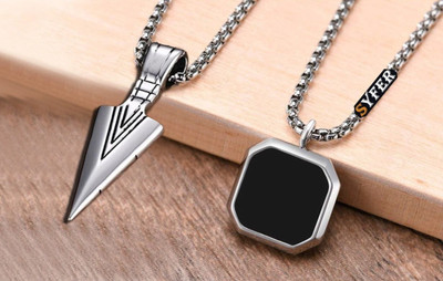 Whitechimes Men And Women Black Onyx Octagon Inlay Square Pendant and ARROW Locket Silver Agate Stainless Steel Pendant