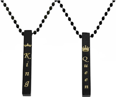 m a enterprises His Queen And Her King Crown Couple Black Bar Pendant With Black Chain Silver, Rhodium Stainless Steel, Metal, Alloy Locket Set