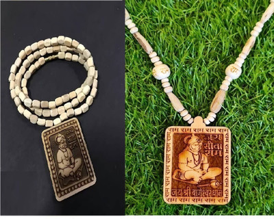 Green Spiritual Shri Bageshwar Dham Tulsi Kanthi Mala with Tulsi Hanuman ji Locket Combo Wood Pendant