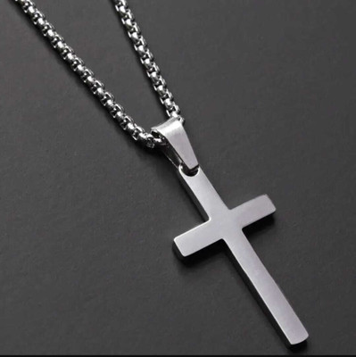 P. R. PRINTS Silver Jesus Cross Necklace for Men & Boys – Stainless Steel Pendant with Chain Silver Stainless Steel Locket