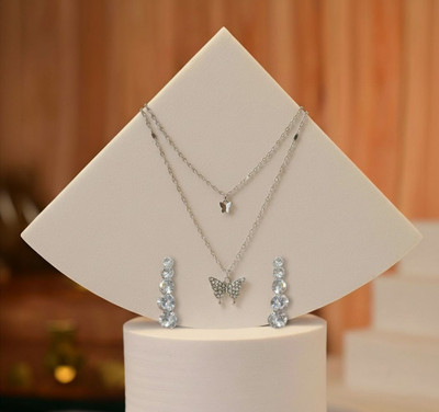 CARIA JEWELLERY COLLECTION Necklaces Pendant & Earrings Silver Color Shiny Butterfly Necklace Double Layer Silver Crystal Alloy Pendant