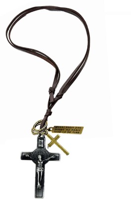 AFH Jesus Christ Crucifix Cross Locket With Adjustable Leather Cord Chain Pendent Metal, Leather Pendant