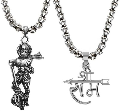 BigWheels CMB8115 Bajrangbali Hanuman Ji & Jai Shri Ram Arrow/Teer Locket Pendant Necklace Silver Stainless Steel Pendant Set
