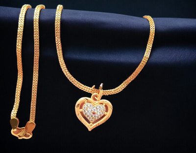 DIVS FASHION HEART SHAPED DIAMOND PENDANT WITH CHAINWITH Gold-plated Diamond Brass Pendant Set