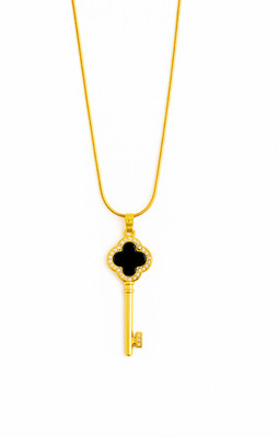JIMOR Gold Key Pendant Necklace Charm with Black Onyx & Crystal Accents Gold-plated Cubic Zirconia Stainless Steel Pendant Set