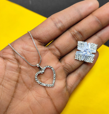 Divyanshi Collection Combo Of American Diamond Pendat Chain With Adjustable Ring Silver Brass Locket Set