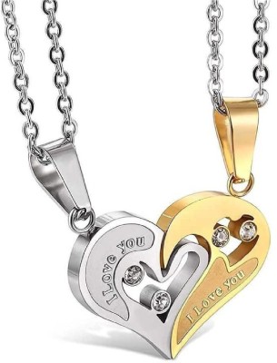 FASHOW Golden-Silver Broken Two Half Heart Shape Love Pendant Locket Necklace Chain Titanium Cubic Zirconia Stainless Steel Pendant