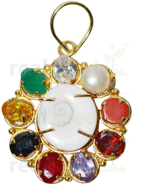 Real Seed Gomti Chakra Navratan Pendant for Men and Women, Gemstone Locket, Rashi Pendant Gold-plated Brass Pendant