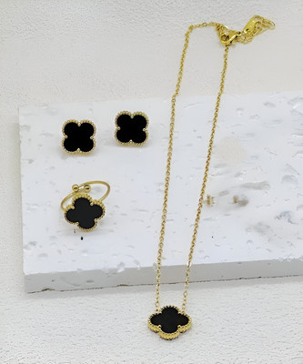 VdeLante 18K Gold 3-Piece Jewelry Set – Black Clover Necklace, Earrings & Ring, CZ, Lucky Gold-plated Stainless Steel Pendant Set