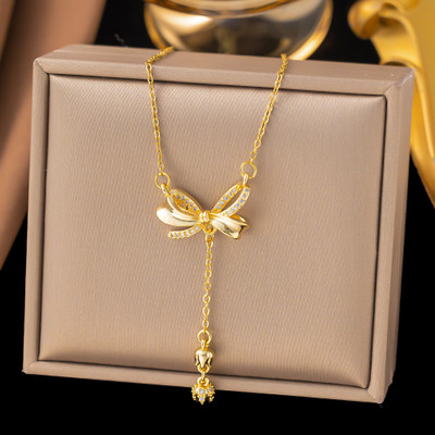 MYKI Elegant Gold-Plated Bow Pendant Necklace with Dangling Charm Gold-plated Stainless Steel Pendant