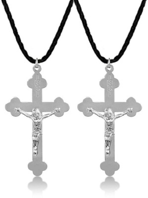 house of common Pack Of 2 Lord Holy Jesus Cross Christian Isa Masih Locket Pendant Cotton Dori Silver Stainless Steel Pendant Set