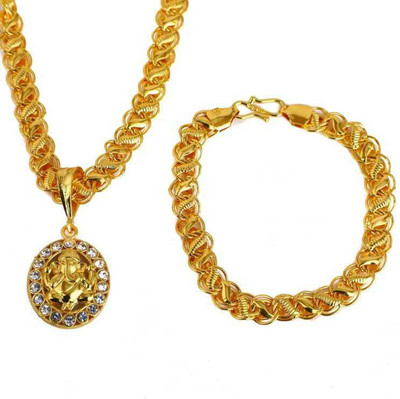 Aviate Alloy Gold Plated Golden chain with Pendant & BRACELET For Men and Boys Ganesh Gold-plated Cubic Zirconia Alloy Pendant Set