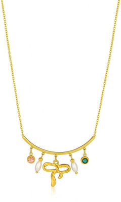 PARMONAS Gold Bow Charm Necklace with Stones and Pearls Gold-plated Pearl Stainless Steel Pendant Set