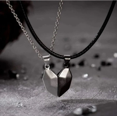 Riingzinee Diamond Cut Magnetic Broken Heart Love Couple Locket Pendant With Chain & Rope Silver Stainless Steel Pendant