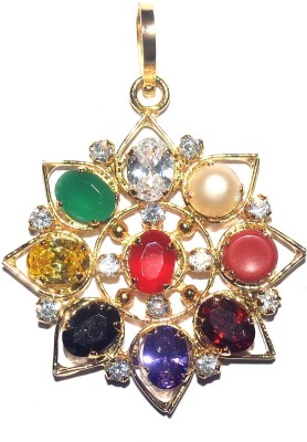 Real Seed American Diamond Navratan Pendant for Men and Women, Gems Stone Rashi Pendant Gold-plated Brass Pendant