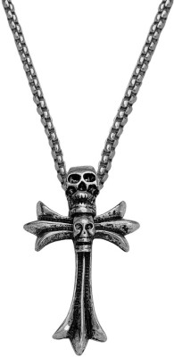 M Men Style Gothic Double Skull Head Jesus Crusifix CrossPendant Chain Rhodium Stainless Steel, Metal Pendant