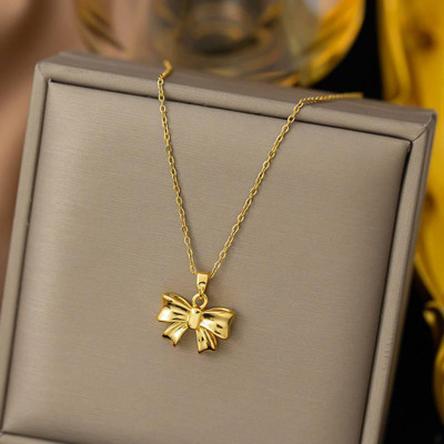 Bauble Cluster Anti tarnish stainless steel gold plated bow pendant chain for girls/women Gold-plated Stainless Steel Pendant