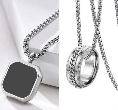 zebisco Men’s Stainless Steel Pendant Necklace Set – Geometric Plate & Chain Link Silver Stainless Steel, Steel, Sterling Silver Locket