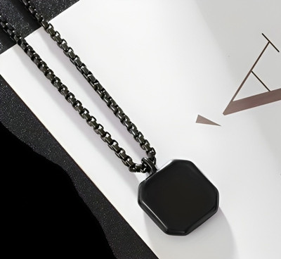 Animated F 758_RR JSE-black cube pure Black Silver Stone Pendant Set