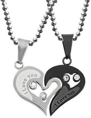 JS Enterprises Valentine's Day Special Heart Locket Pendant Necklace With Chain For Boy & Girl Silver Crystal Alloy Pendant Set