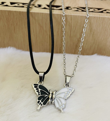 Astrootalk Couple Magnetic Broken Butterfly Pendant Locket Necklace Clavicle Chain & Rope Silver Stainless Steel Pendant Set