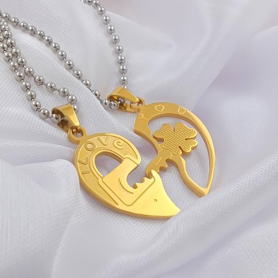 Saizen Stainless Steel Gold Plated His & Her Heart-shape I Love You Couple pendant Gold-plated Stainless Steel Pendant Set