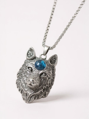RAPPERSSHOP Silver-Plated Stone-Studded Oxidized wolf head Pendant With Chain Silver Zircon Stainless Steel Locket Set