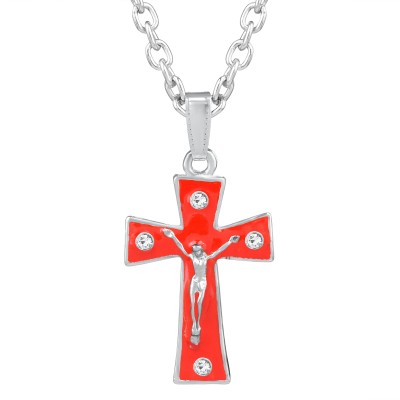 RN Silver Plated Red enamel, Jesus Cirss Cross Christian Pendant Locket Necklace Silver Alloy Pendant