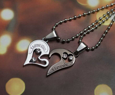Astrootalk AK Brothes Silver And Black Heart Locket Classic Stainless Steel Pendant Set